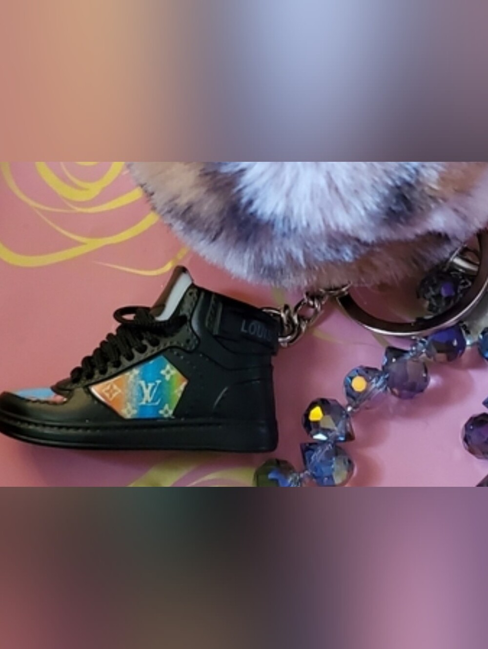 Sneaker Bag Charm,Pink Leopard Pom-pom,and A Beautiful Sparkling Crystal Strap